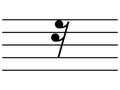 Black music symbol of Sixteenth note rest on staff lines