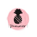 Vector illustration with black pineapple silhouette on the orange background and the word ``Summer