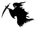 Vector Illustration of Black Silhouette of Creepy or Spooky Halloween Ghost With Scythe or Death Grim Reaper on White Royalty Free Stock Photo