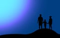 Vector illustration black silhouette of a married couple man, woman, child holding hands standing on the surface of the earth and Royalty Free Stock Photo