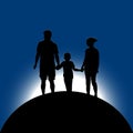 Vector illustration black silhouette married couple man, woman, child holding hands standing on the surface of the earth and Royalty Free Stock Photo