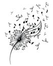 Vector illustration of black and white dandelion with music notes.