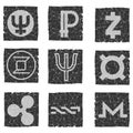 Vector illustration of black and white grunge icons with symbols of various digital electronic currencies - primecoin, ripple, nxt