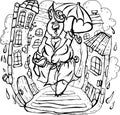 Vector, illustration, black and white,pig, rain, under an umbrella, at home, water drops, all wet, road