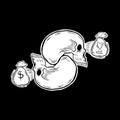 vector illustration of a black and white skull love or money