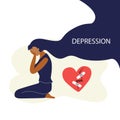 Vector illustration of black woman with long dark hairs sits on the floor and crying around broken heart. Royalty Free Stock Photo