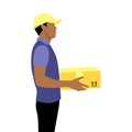 Vector illustration of black young afro or latin courier in cap with package. Delivering the parcel or box concept. Online