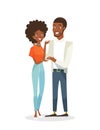 Vector illustration of black young pretty woman and handsome man standing together. Happy people in love, African Royalty Free Stock Photo