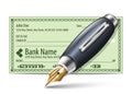 Vector illustration of blank bank check and fountain pen Royalty Free Stock Photo
