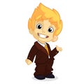 Vector illustration of a blond boy in man's clothes. Cartoon of a young boy dressed up in a business brown suit presenting