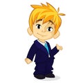 Vector illustration of a blond boy in man's clothes. Cartoon of a young boy dressed up in a mans business suit