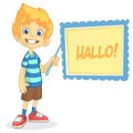 Vector illustration of blond boy in shorts and striped t-shirt. Cartoon of a young boy dressed up presenting on a board with point