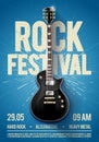 Vector illustration blue rock festival concert party flyer or poster design template with guitar, place for text and cool effects Royalty Free Stock Photo