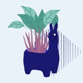 Vector illustration with blue animal pot and indoot flowers