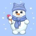 A cute cartoon snowman in a blue hat and scarf is holding an ice cream. Royalty Free Stock Photo