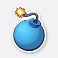 Vector illustration. Blue ball-shaped bomb with a burning fuse rope. Sticker with contour