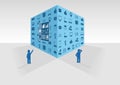 Vector illustration of blue big data cube on grey background. Two persons looking at big data and business intelligence data