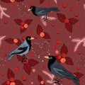 Vector illustration of blue birds with christmas berries on red background. Seamless pattern