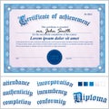 Vector illustration of blue certificate. Template. Royalty Free Stock Photo