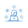 Vector illustration of blue icon in flat line style. Graphic design concept of woman financial accountant. Royalty Free Stock Photo