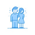 Vector illustration of blue icon in flat line style. Linear blue cute and happy boy and girl.