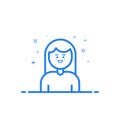 Vector illustration of blue icon in flat line style. Linear blue cute and happy girl.