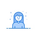 Vector illustration of blue icon in flat line style. Linear blue cute and happy girl.