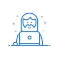 Vector illustration of blue icon in flat line style. Linear cute and happy man with laptop.