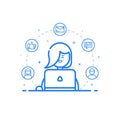 Vector illustration of blue icon in flat line style. Linear cute and happy woman with laptop. Royalty Free Stock Photo