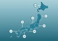 Vector illustration of blue Japan map. Maps and icons divided by region