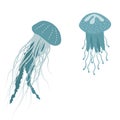 Vector Illustration of a Blue Jellyfish . Cute Cartoon Jellyfish Isolated on a White Background. Happy Animals Set Royalty Free Stock Photo