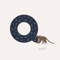 Vector illustration. Blue letter Q with quolls footprints, a cartoon quoll. Animal alphabet.