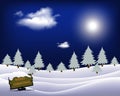 Vector illustration. Blue mountains winter snowy landscape with hand lettering of Happy Holidays and pines on foreground