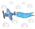 Vector illustration, blue plane flying in the sky Royalty Free Stock Photo