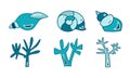Vector illustration of blue seashells and seaweed. Icons set. Royalty Free Stock Photo