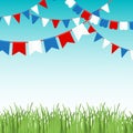 Vector illustration of Blue sky and green grass landskape with colorful flags garlands.