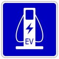 Vector illustration of a blue traffic sign showing two cables for charging electric cars Royalty Free Stock Photo