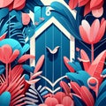 Vector Illustration Of A Blue Wooden Door With Flowers And Birds In The Garden Generative AI