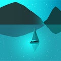 Vector illustration boat sailing in blue sea on mountins background.