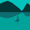 Vector illustration boat sailing in blue sea on mountins background. Royalty Free Stock Photo