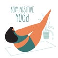 The body positive PLUS size woman do YOGA boat pose. Fat girl is NORMAL. The vector illustratin with curvy woman do