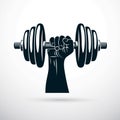 Vector illustration of bodybuilder muscular arm holding dumbbell.