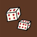 Vector illustration of bold black outline dice isolated on brown background. Hand drawn vector. White and red dice cube. Modern sc
