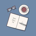 Vector illustration of book, pen, glasses and coffee template for world literacy day design Royalty Free Stock Photo