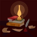 Vector illustration of a book on the table, inkwell with feather and paper. Antique lamp on the table with books in the retro