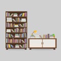 Vector illustration of bookcase, and book drawer full of books, table lamp isolated on a gray background Royalty Free Stock Photo