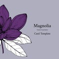 Vector illustration botanical floral wedding invitation card with purple magnolia flower and leaves. Simple minimalistic hand