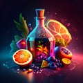 Vector illustration of a bottle of alcoholic drink with ingredients on a dark background Generative AI