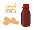 Vector illustration of bottle with cough remedy with curcuma, turmeric liquid. Cartoon flat style