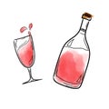 Vector illustration with a bottle and a glass of red wine in watercolor style Royalty Free Stock Photo